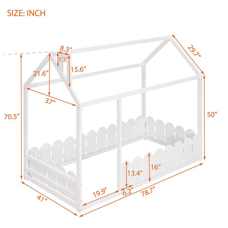 Twin Size House Bed with Roof and Fence, Semi-Enclosed Design for Kids' Play and Sleep