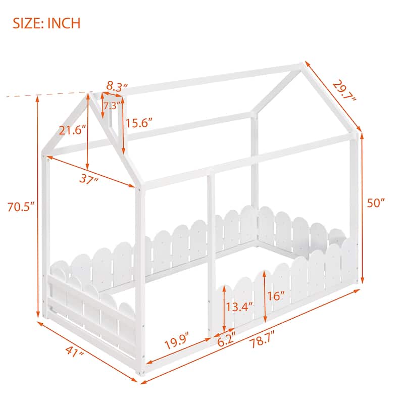 Wood House Bed Frame with Fence