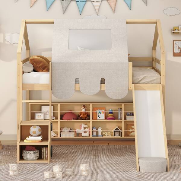 slide 2 of 40, Full Size Wooden Loft Bed with House-shaped Frame & Slide Beige