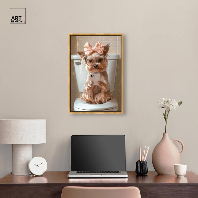Cute Yorkie on the Toilet Canvas by Art Remedy