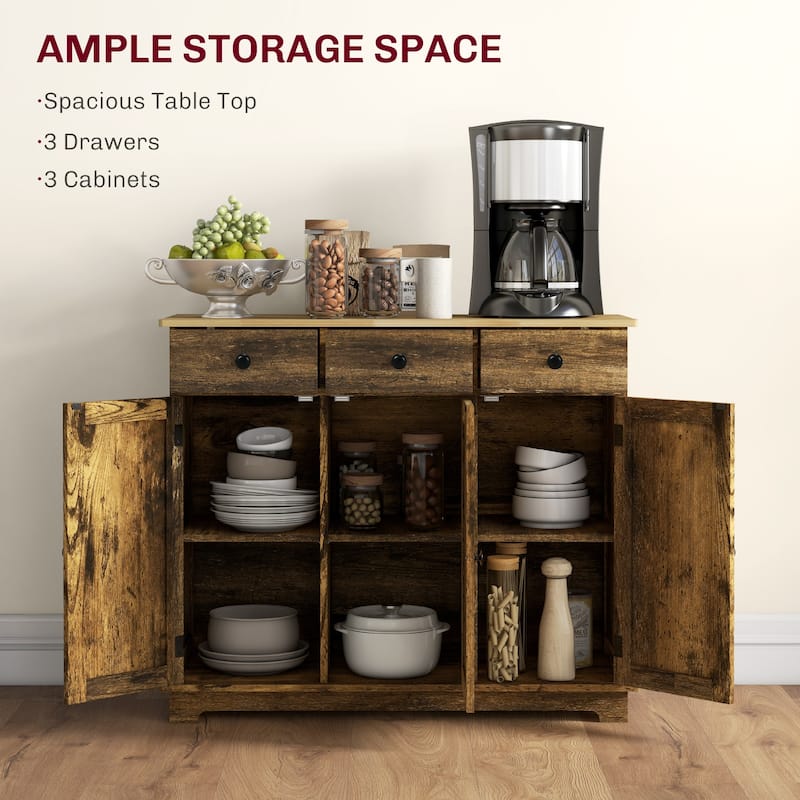 Sideboard with Solid Wood Countertop, Modern Kitchen Storage Cabinet, Coffee Bar Cabinet with 3 Drawers, Doors
