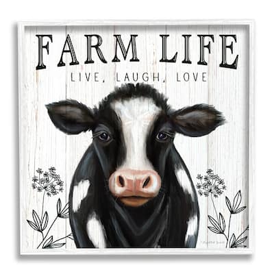 Stupell Farm Life Dairy Cow Sign Wildflower Florals Framed Wall Art - Black