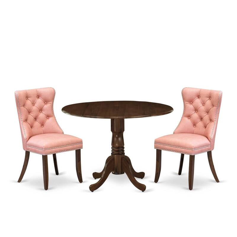 3-Piece Antique Walnut Finish Solid Wood Top-Round Upholstered Dining Room Set -Seats 4