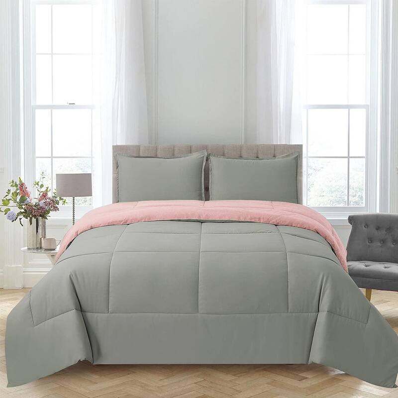 Shatex Reversible Bedding Comforter Set with 2 Pillow Shams - Pink - King