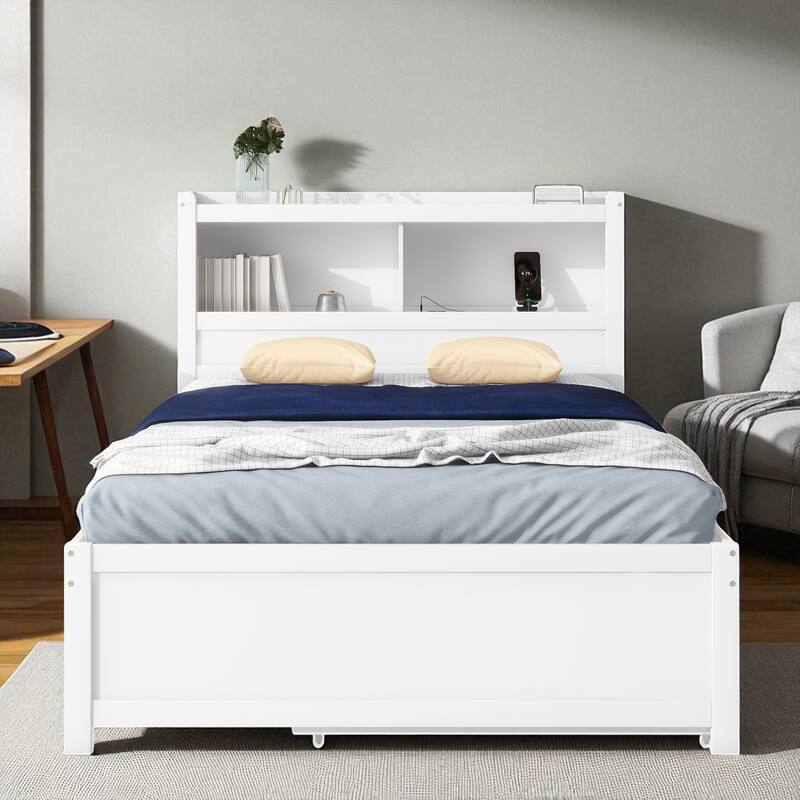 Full Size Platform Bed with Trundle, 3 Drawers, Storage Headboard & USB Charging Ports