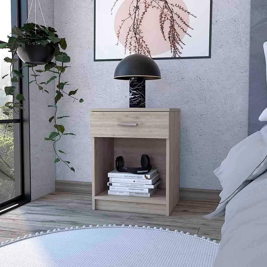 Modern Nightstand with Drawer and Shelf, Light Gray Finish, Durable Manufactured Wood, 21.73" Tall