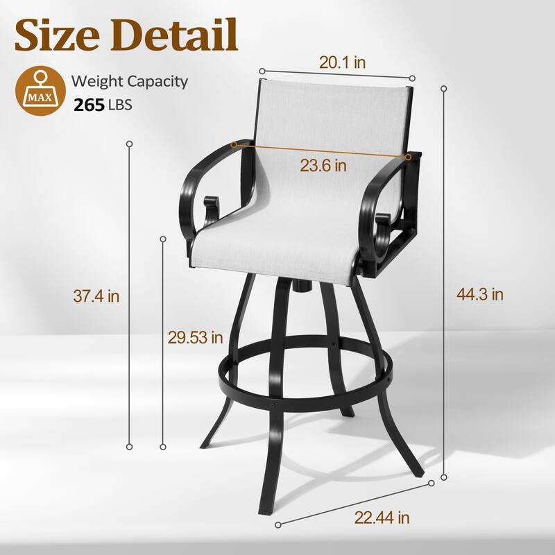 VredHom Outdoor Patio Bar Stools Swivel Bar Chair Sunbrella Textilene Sling - 20.1 in W x 44.3 in H