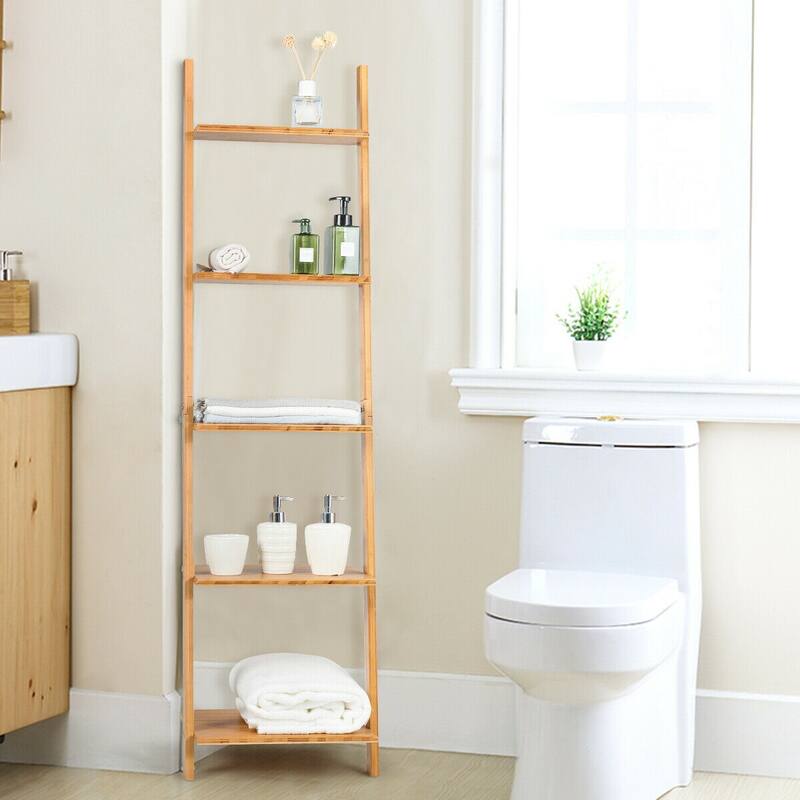 Gymax 5-Tier Ladder Shelf Modern Bamboo Leaning Bookshelf Ladder - See Details