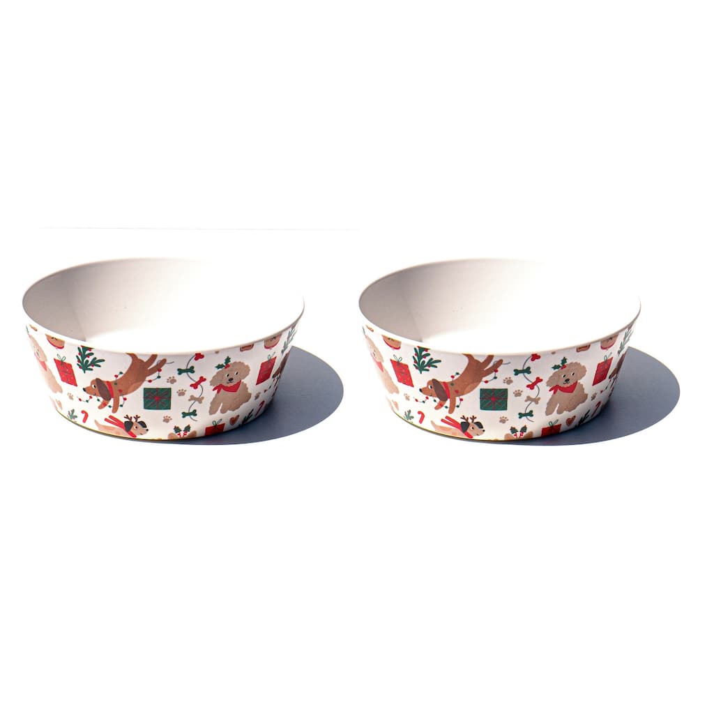 Abode Homewares Holiday Whimsy Melamine Pet Bowl - Medium - 3 Cups - White Multicolor - Set of 2
