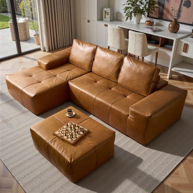 HOOOWOOO Mid-Century Modern Leather L-shaped Sectional Sofa Couch with Ottoman - Brown-Left Chaise