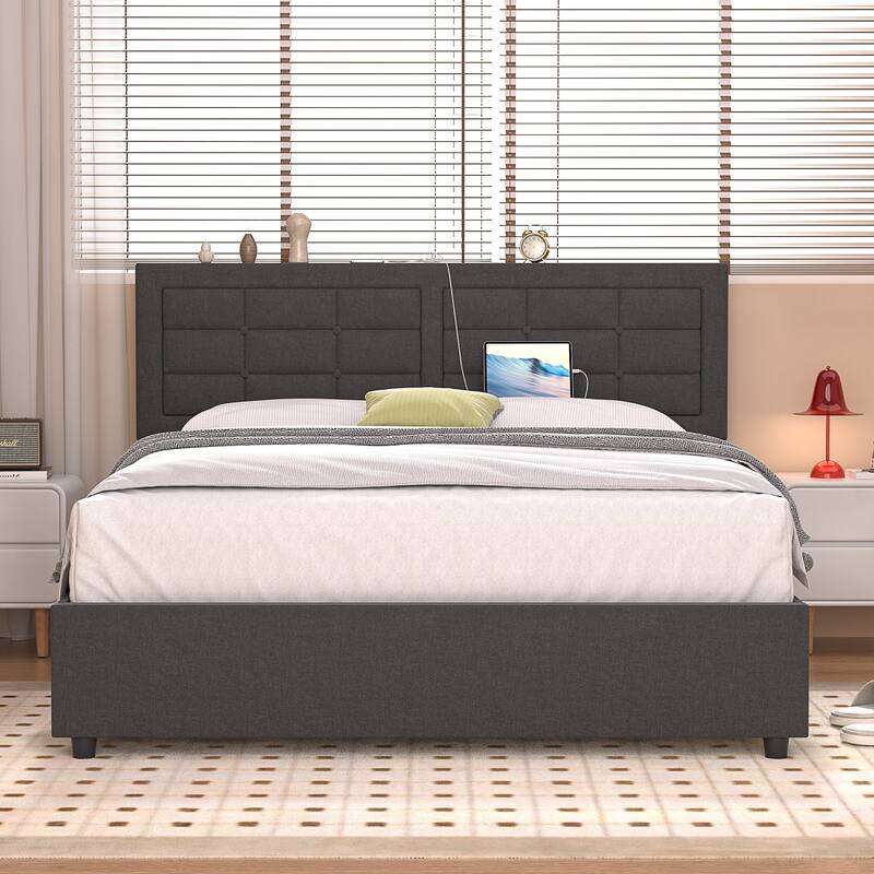 VECELO Bed Frame with USB and Type C Ports, Adjustable Tufted Button Headboard, Upholstered Platform Bed Frame - Dark Grey - Queen