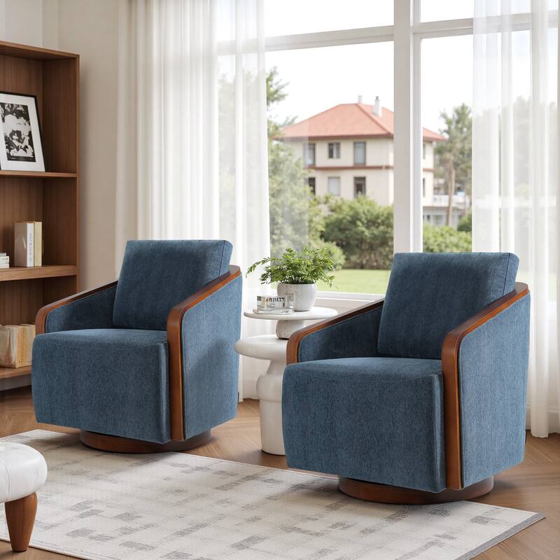 Set of 2 Modern 360° Swivel Accent Barrel Chairs with Wood Arms - Navy