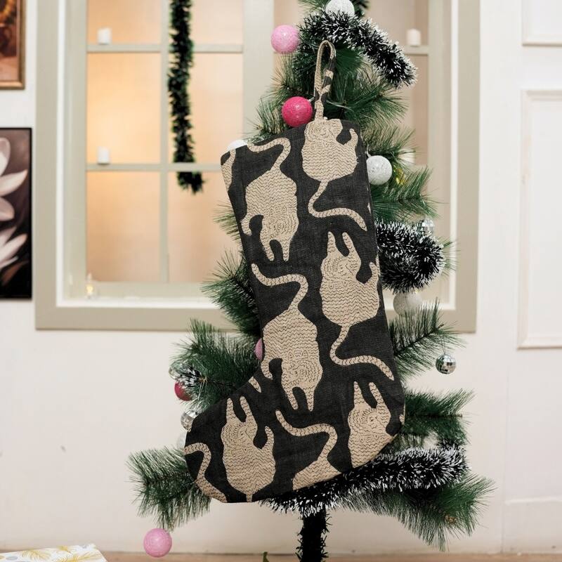 Fabdivine Handmade Floral Christmas Stockings Linen Block Print Décor - 10"X4.5"