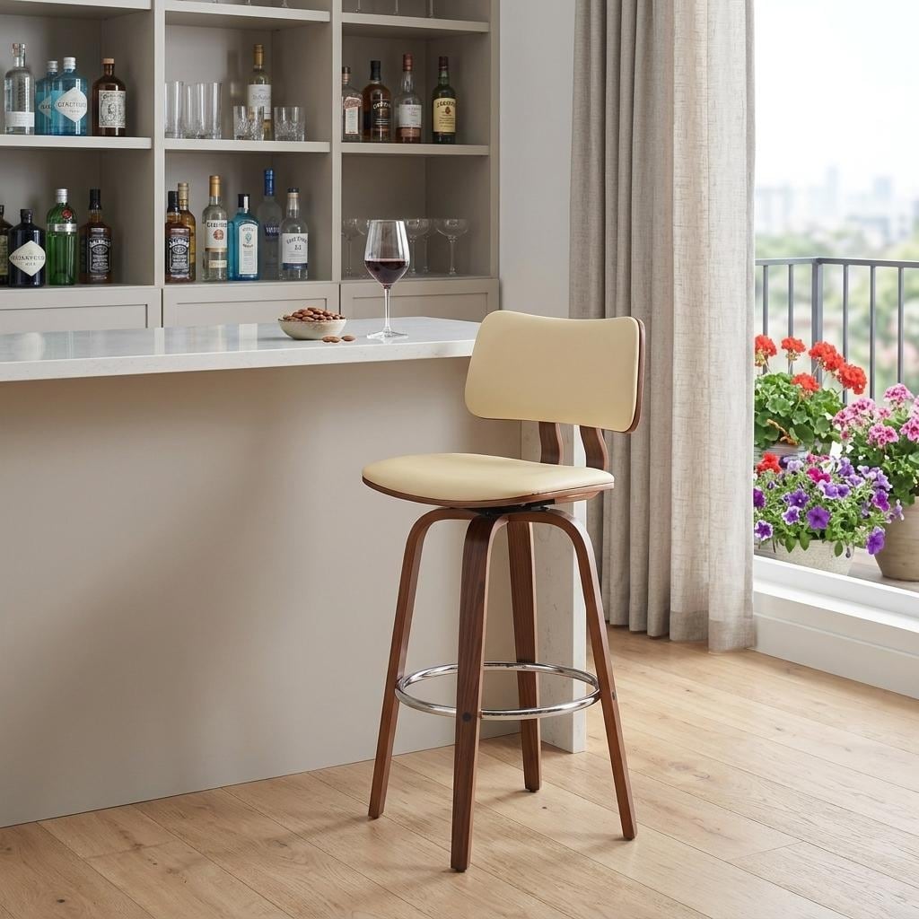 HomeRoots 30" Cream And Wood Brown Faux Leather Swivel Low Back Bar Height Bar Chair