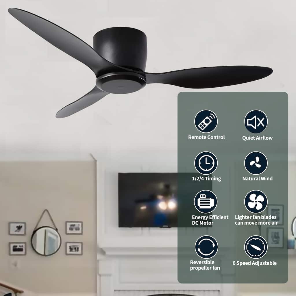 3 Blades Ceiling Fan No Light for Kitchen Bedroom, 42" Flush Mount Ceiling Fan, 6-Speed Quiet Reversible Motor