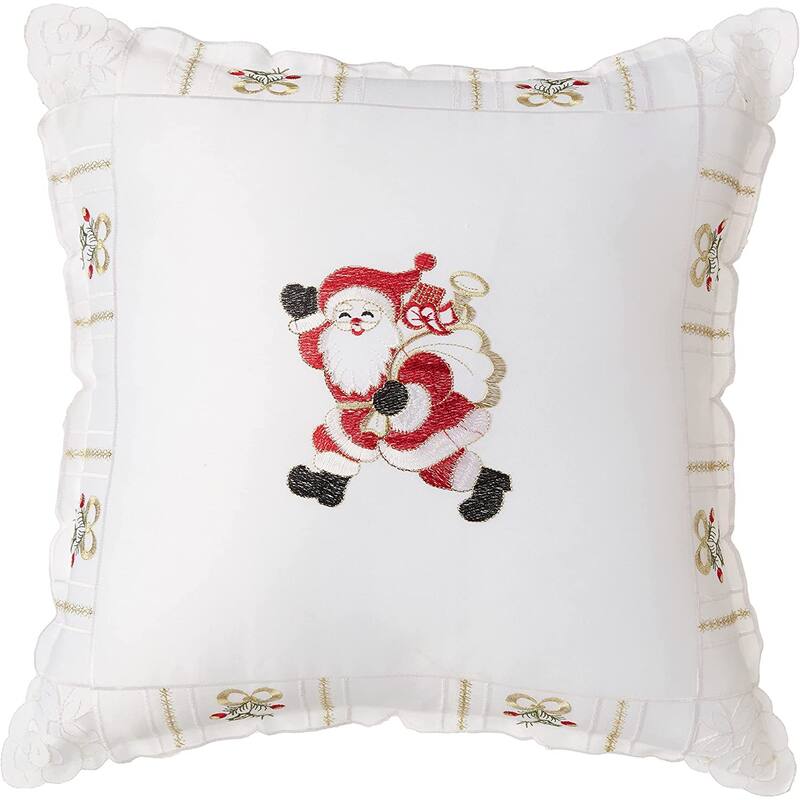 Violet Linen Holiday Christmas Santa Claus Holly Bows Embroidery Pattern Decorative Throw Pillow - White