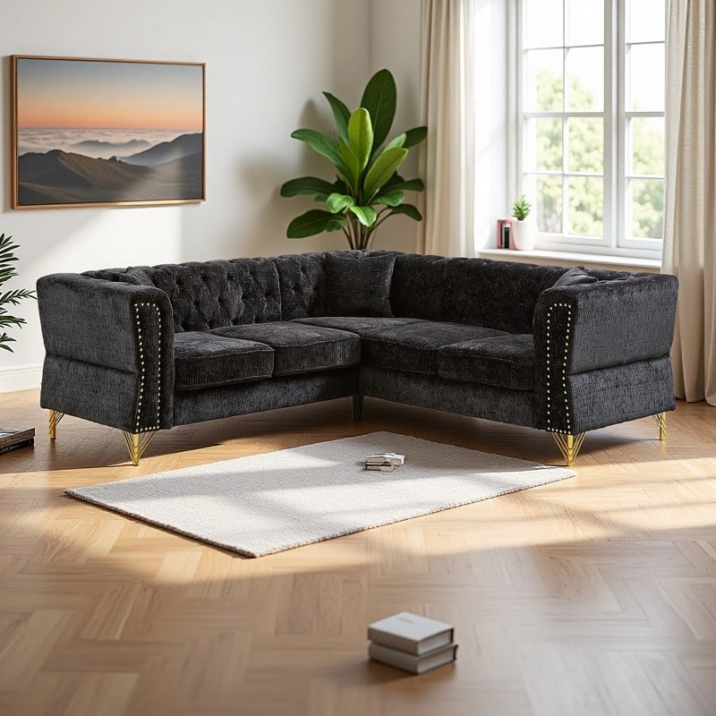 81.5" Chenille L-Shaped Sectional Sofa, 5-Seater Corner Couch with 3 Cushions - Black