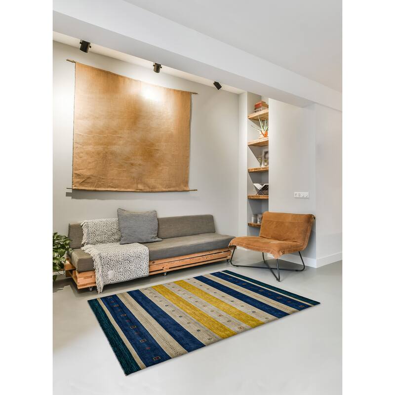 ECARPETGALLERY Hand Loomed Kashkuli Gabbeh Grey, Navy Wool Rug - 6'8 x 9'8