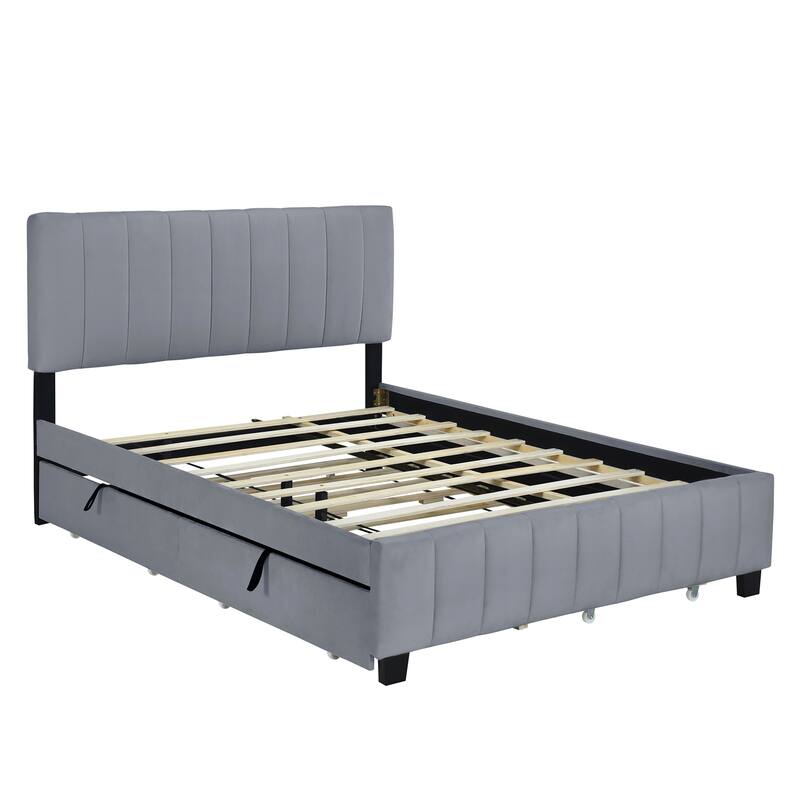 Velvet Upholstered Bed Slat Platform Bed Queen Size Bed Frame with 2 Drawers and Twin XL Trundle, No Box Spring Needed, Grey