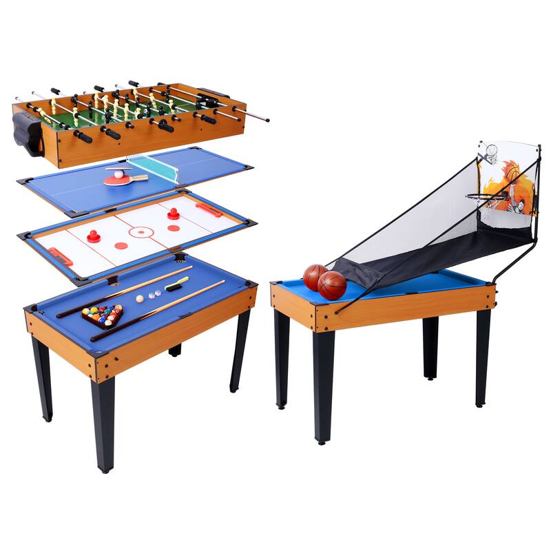 5-in-1 Multi-Game Table - Billiards, Push Hockey, Foosball, Ping Pong, and Basketball - Blue