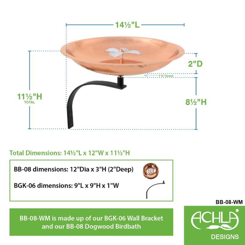 Achla Designs Dogwood Garden Birdbath w/Wall Mount Bracket, 12 Inch Wide, Copper Plated and Colored Patina Finish