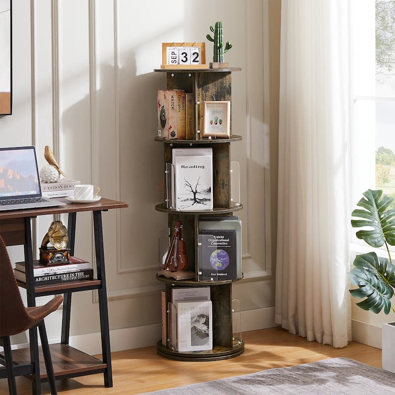 VECELO 5-Tier Rotating Bookcase 7.18" Bookends 50.39" Tall Space-Saving Design for 80-100 Books Bookcase