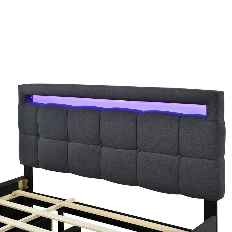 Remote Control LED Headboard Bed Frame Linen Fabric Upholstered Platform Bed with Pull-out Trundle Bed & 2 Drawers