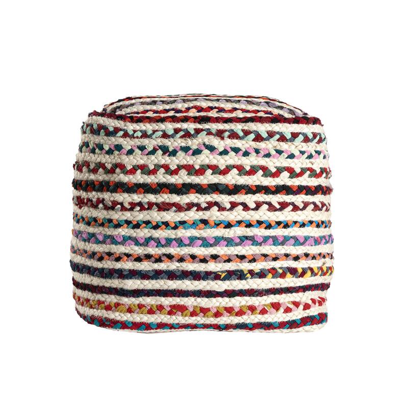 HomeRoots 18" Natural and Rainbow Braided Jute Blend Striped Pouf Ottoman