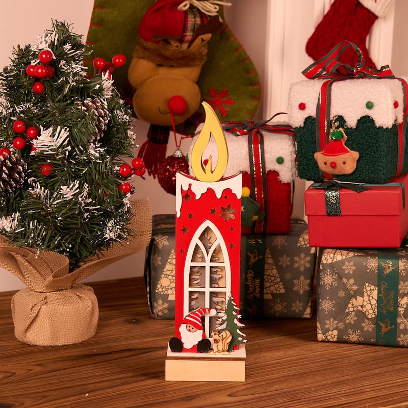 Merry Christmas Wooden Candle Light-Up Decor - Festive Seasonal Home Ornament - 1.96'H X 3.54'W X 12.44'D