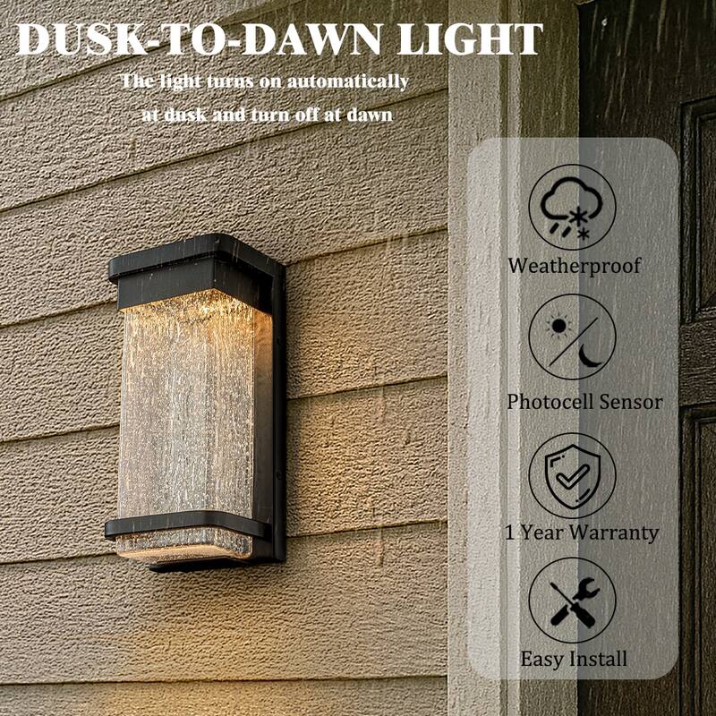 1-Light H12 in Modern Seeded Glass12W Integrated LED Outdoor Wall Sconce with Dusk to Dawn Sensor in Matte Black for Porch Patio