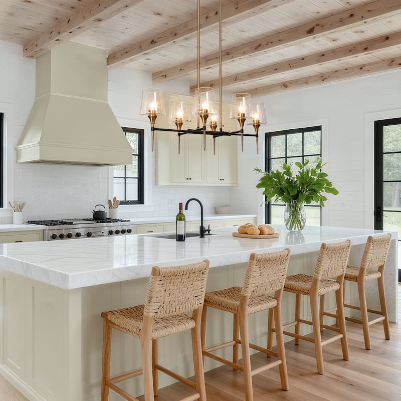 Mid-Century Modern 6-Light Black Gold Linear Chandelier Glass Island Lights for Dining Room