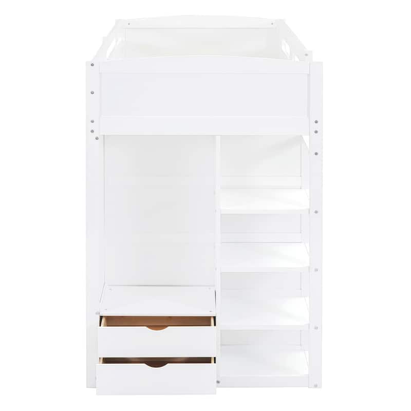 Multifunction Storage Wood Loft Bed Frame with Wardrobes, Desk, 4 Storage Drawers & Bookshelves, Space-Saving Design for Bedroom