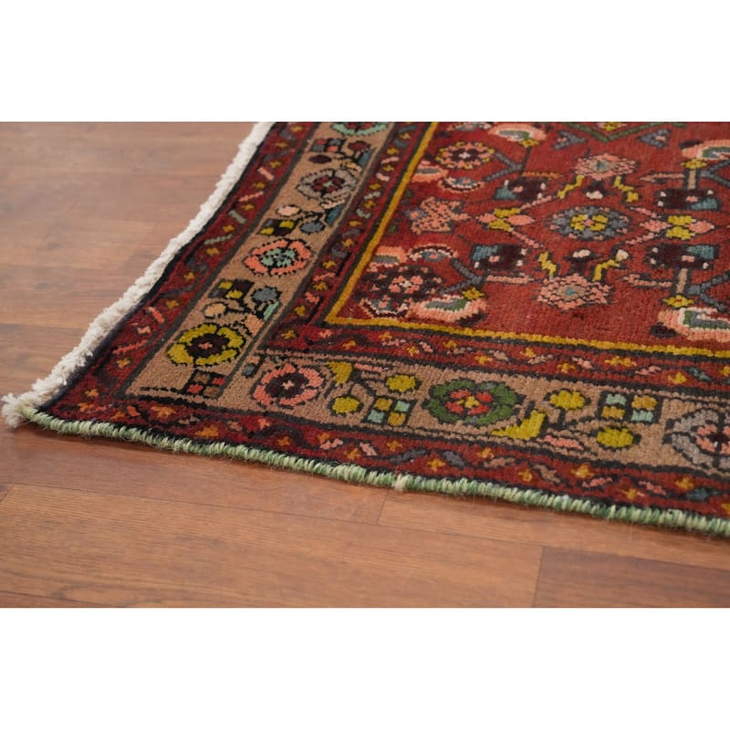 Hand Knotted Oriental 100% Wool Carpet Traditional Geometric Oranges & Rust Hamedan Runner Rug - 9' 8'' X 3' 10''