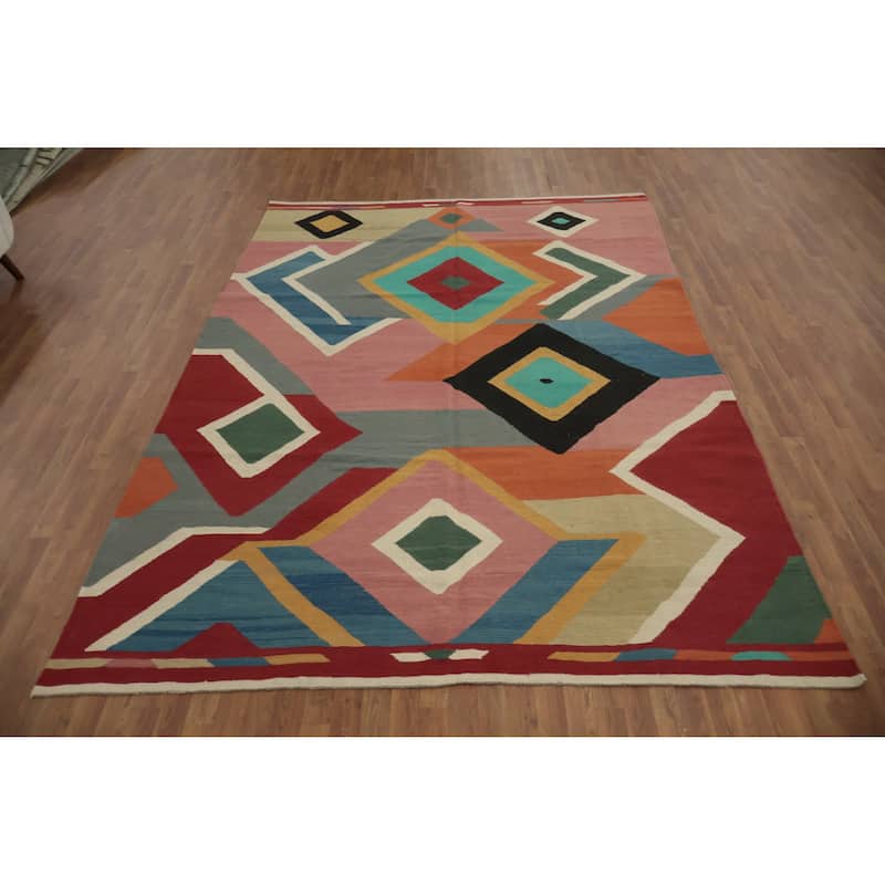 Hand Woven Oriental 100% Wool Carpet Southwestern Modern Multi-Colored Kilim Area Rug - 11' 2'' X 7' 11''