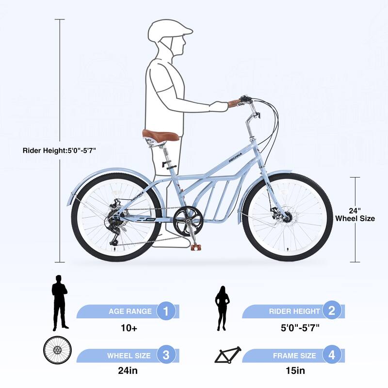 24 Inch Comfort Bike Urban Commuter Bicycles, 6 Speed Road Bicycles w/Dual Disc Brakes, Steel Frame for Teens, 16 Years and Up