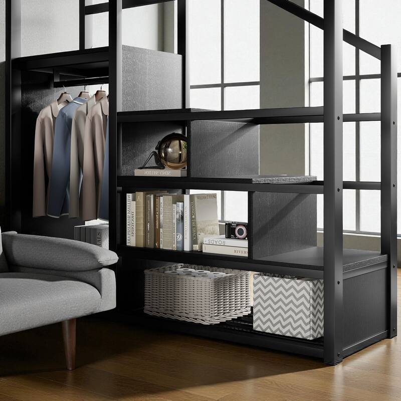 Full/Queen Size Metal Loft Bed with Stairs, Wardrobe, and Storage Shelves, High Loft Bed Frame for Kids and Teens