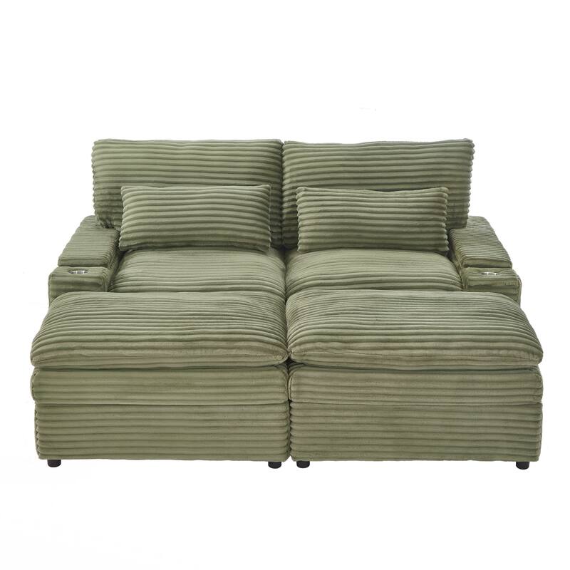 Loveseat Sofa Free-combined Sectional Convertible Sofa Bed with Storage Space, Two Movable Ottomans, Four USB Ports