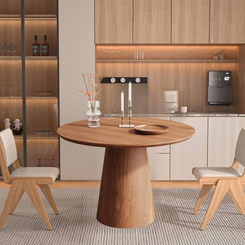 Round Dining Table for 4-6, Natural Wood Grain Dining Table with Cone Wood Pedestal Base, Rustic Minimalist Dining Table - Walnut