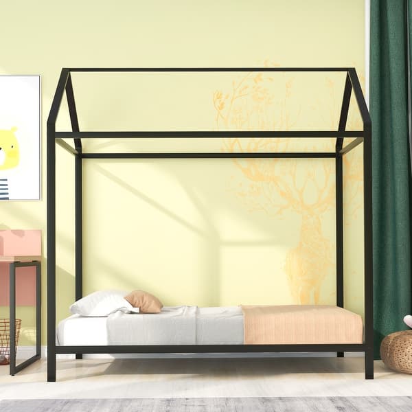 slide 2 of 20, Kids Twin Size House Bed, Adjustable Metal Platform Bed Frame Black - Twin