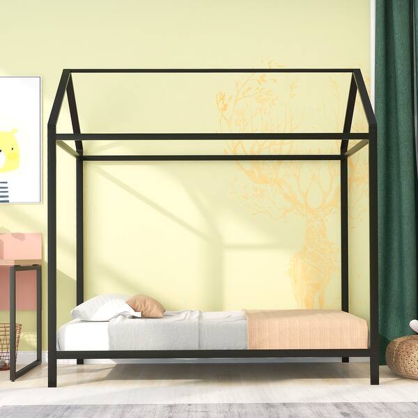 slide 2 of 14, Metal Twin Size House Bed Frame for Kids, Creative Design, 350lbs Capacity Black