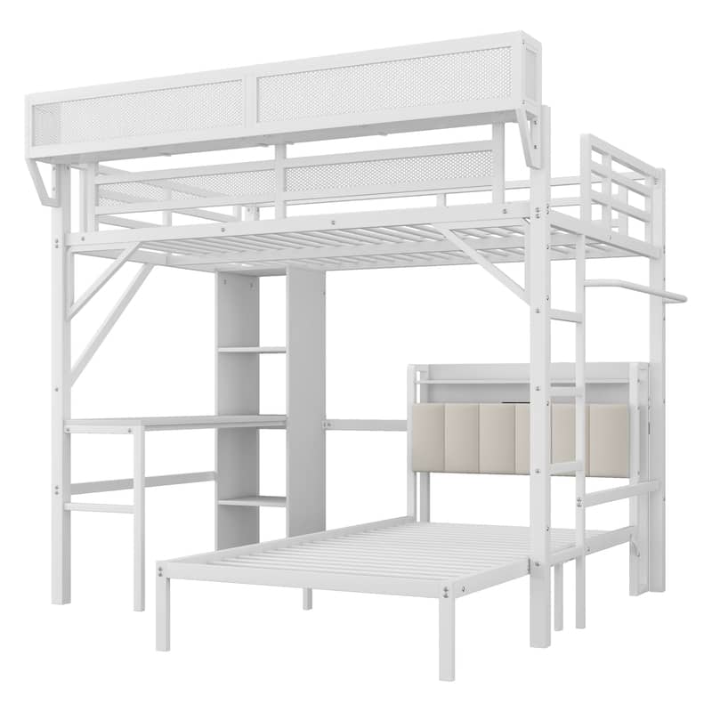 Full over Twin Metal Bunk Bed with Desk and Bookshelves,Detachable Metal Bunk Bed with LED and Charge Station