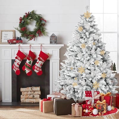 6ft-7ft Artificial Snow Flocked Christmas Tree with Metal Stable Stand Base for Indoor and Outdoor Holiday Decoration