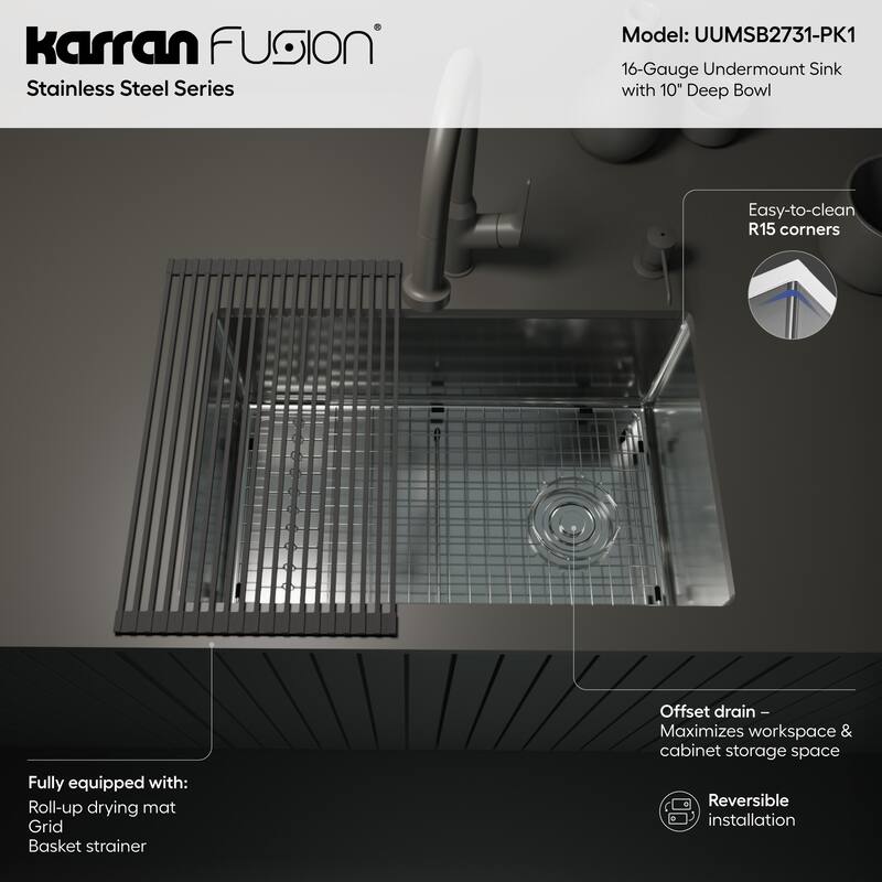 Karran USA UUMSB2731-PK1 Fusion 27" Undermount Single Basin Stainless
