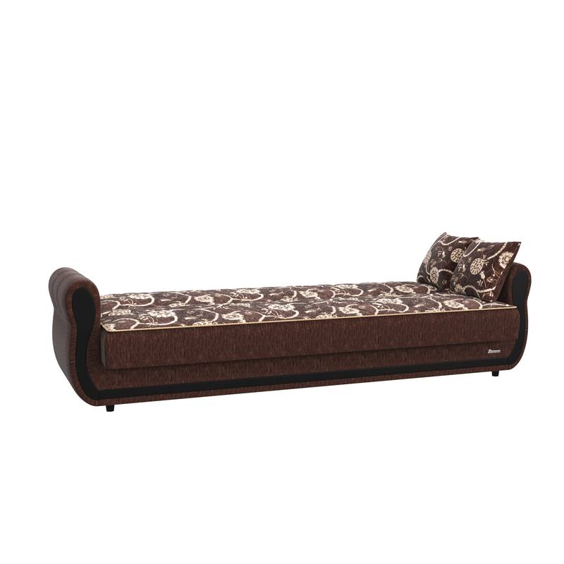 HomeRoots 90" Brown Chenille Convertible Futon Sleeper Sofa And Toss Pillows With Storage