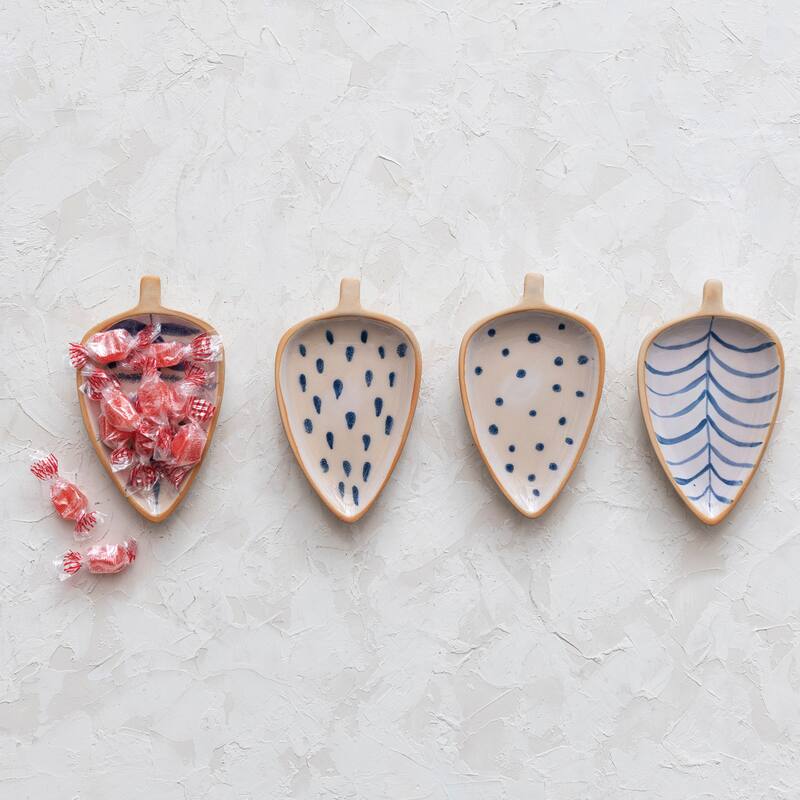 Stoneware Leaf Shaped Dishes with Painted Designs - 6.0"L x 3.6"W x 0.8"H