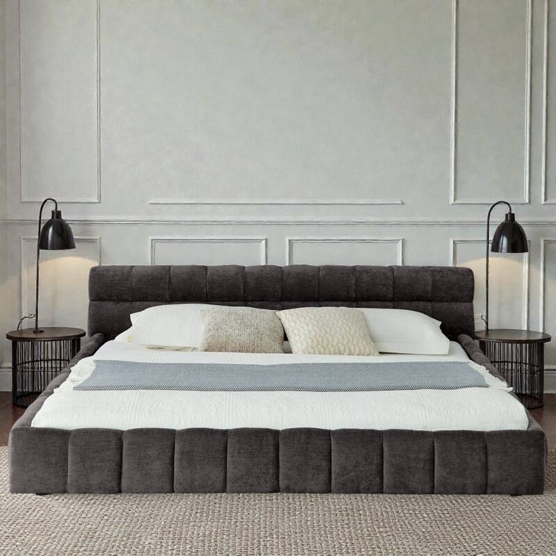 King Upholstered Platform Bed Frame with Thick Chenille Fabric, Grounded Modern Bed with Headboard, No Box Spring Needed