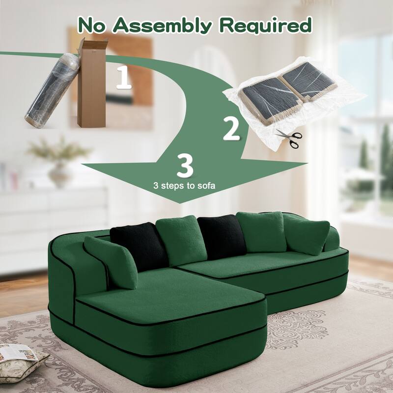 Teddy Fabric Contrast Sofa for Living Room, Upholstered Sectional Couch with L-Shaped Chaise, Boneless Couch with Throw Pillows