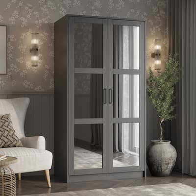 Palace Imports 100% Solid Wood 2-Door Urban Wardrobe Armoire with Solid and Mirrored Doors