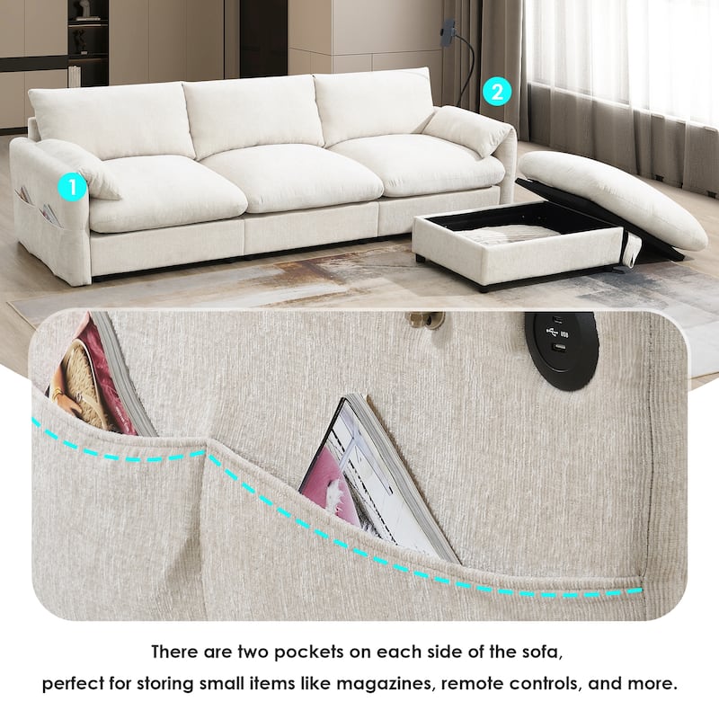 96.5" Chenille L-Shaped Sectional Sofa with Storage Ottoman, Adjustable Phone Holder, USB Charger and Armrest Storage Pockets