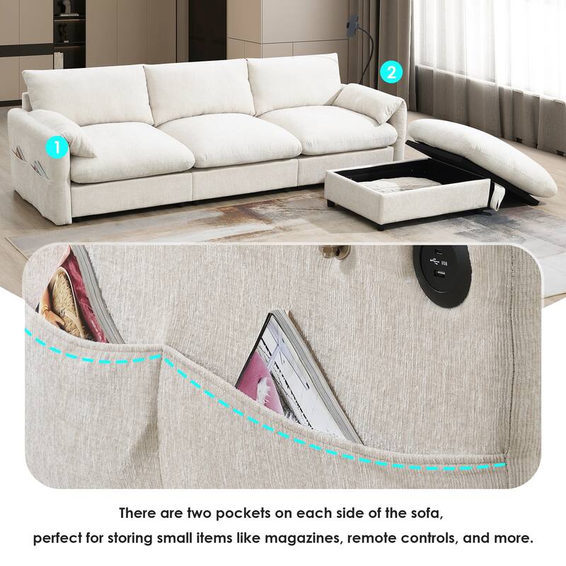 L Shaped Chenille Sectional Sofa with Storage Ottoman, Pockets, USB